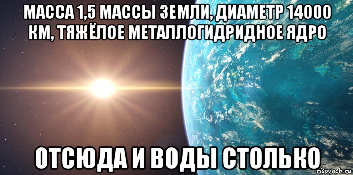 масса 1,5 массы земли, диаметр 14000 км, тяжёлое металлогидридное ядро отсюда и воды столько, Мем Планета на которую хочет Cara Delevingne