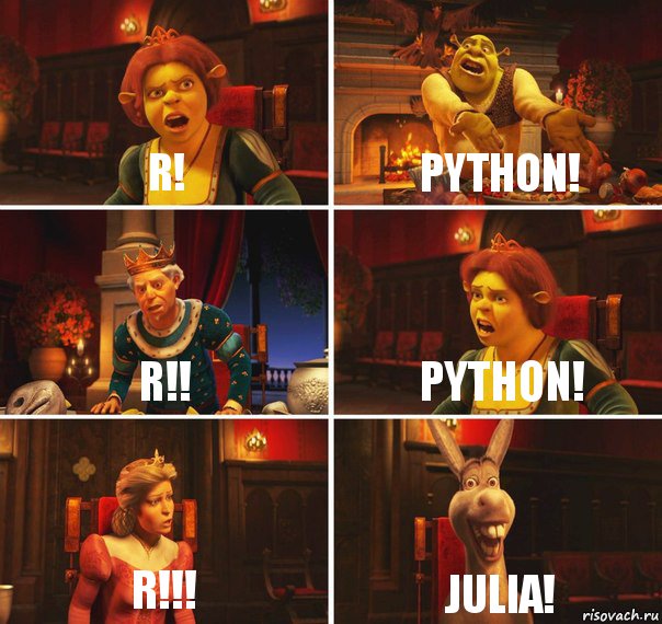 R! Python! R!! Python! R!!! Julia!, Комикс  Шрек Фиона Гарольд Осел