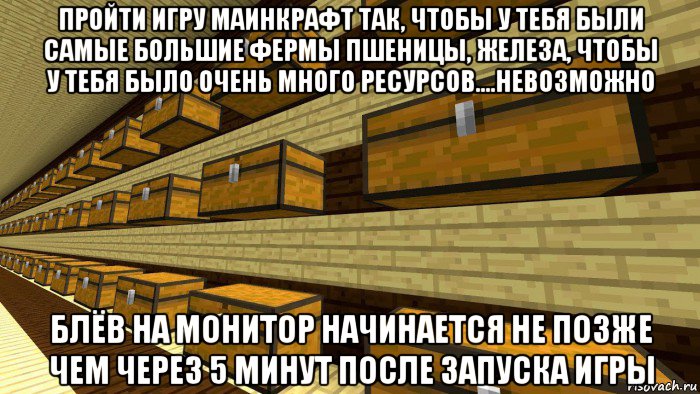 пройти игру маинкрафт так, чтобы у тебя были самые большие фермы пшеницы, железа, чтобы у тебя было очень много ресурсов....невозможно блёв на монитор начинается не позже чем через 5 минут после запуска игры, Мем Склад Майнкрафт