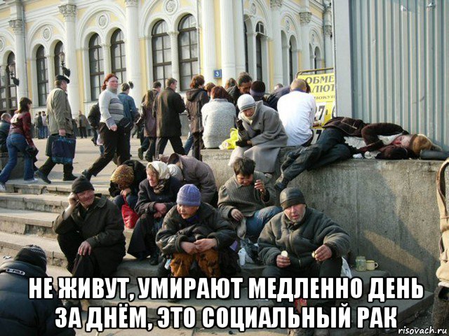  не живут, умирают медленно день за днём, это социальный рак, Мем Социальное дно - смерть живая
