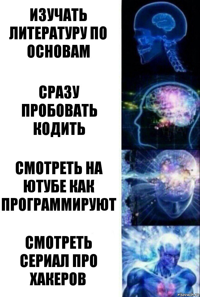 Изучать литературу по основам Сразу пробовать кодить смотреть на ютубе как программируют смотреть сериал про хакеров, Комикс  Сверхразум