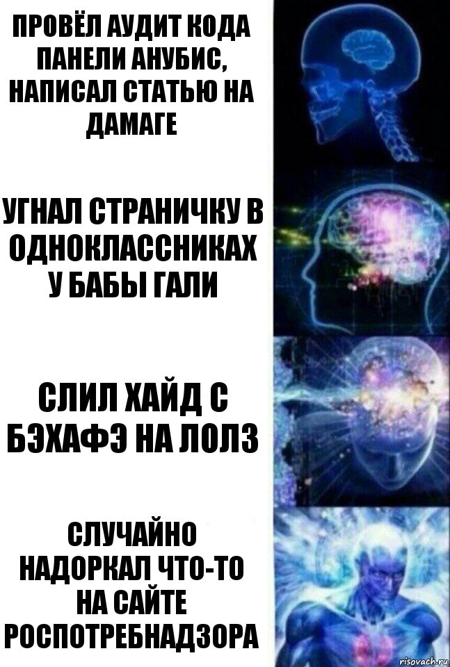 ПРОВЁЛ АУДИТ КОДА ПАНЕЛИ АНУБИС, НАПИСАЛ СТАТЬЮ НА ДАМАГЕ УГНАЛ СТРАНИЧКУ В ОДНОКЛАССНИКАХ У БАБЫ ГАЛИ СЛИЛ ХАЙД С БЭХАФЭ НА ЛОЛЗ СЛУЧАЙНО НАДОРКАЛ ЧТО-ТО НА САЙТЕ РОСПОТРЕБНАДЗОРА, Комикс  Сверхразум