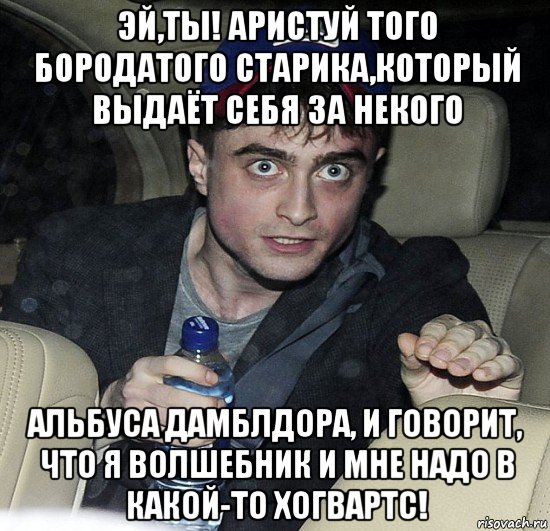 эй,ты! аристуй того бородатого старика,который выдаёт себя за некого альбуса дамблдора, и говорит, что я волшебник и мне надо в какой-то хогвартс!, Мем Упоротый Гарри