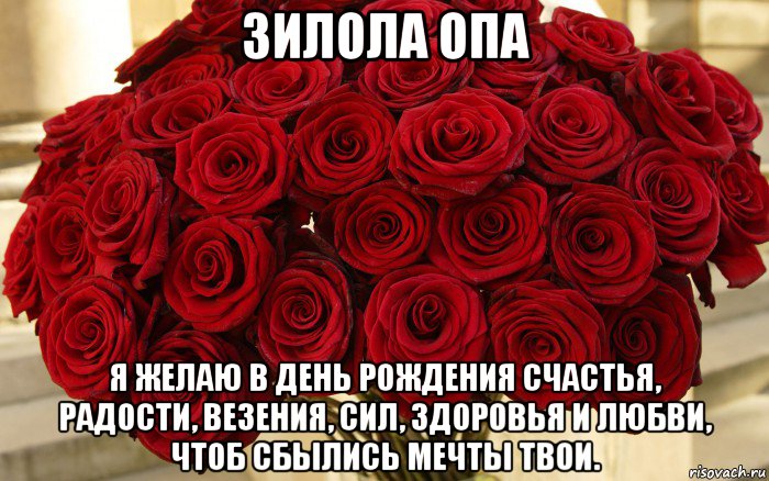 зилола опа я желаю в день рождения счастья, радости, везения, сил, здоровья и любви, чтоб сбылись мечты твои.