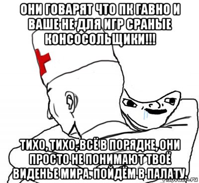 они говарят что пк гавно и ваше не для игр сраные консосольщики!!! тихо, тихо, всё в порядке, они просто не понимают твоё виденье мира. пойдём в палату., Мем Durka dlya daunov