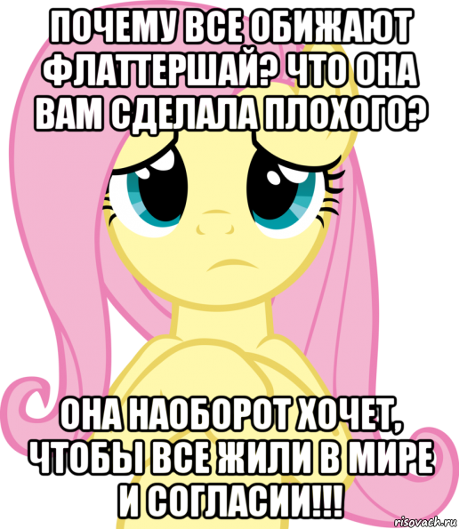 почему все обижают флаттершай? что она вам сделала плохого? она наоборот хочет, чтобы все жили в мире и согласии!!!