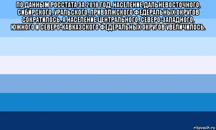 по данным росстата за 2018 год, население дальневосточного, сибирского, уральского, приволжского федеральных округов сократилось, а население центрального, северо-западного, южного и северо-кавказского федеральных округов увеличилось. , Мем Gay flag