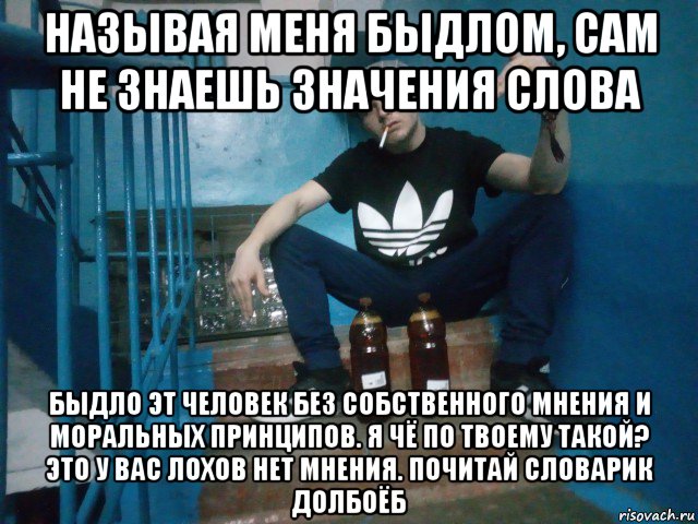 называя меня быдлом, сам не знаешь значения слова быдло эт человек без собственного мнения и моральных принципов. я чё по твоему такой? это у вас лохов нет мнения. почитай словарик долбоёб, Мем Mc конкретный гопник гоп-стоп падик