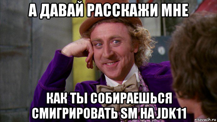 а давай расскажи мне как ты собираешься смигрировать sm на jdk11, Мем Ну давай расскажи (Вилли Вонка)