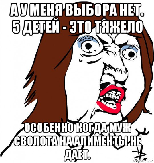 а у меня выбора нет. 5 детей - это тяжело особенно когда муж сволота на алименты не дает., Мем Ну почему (девушка)