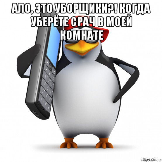 ало, это уборщики?! когда уберёте срач в моей комнате , Мем   Пингвин звонит