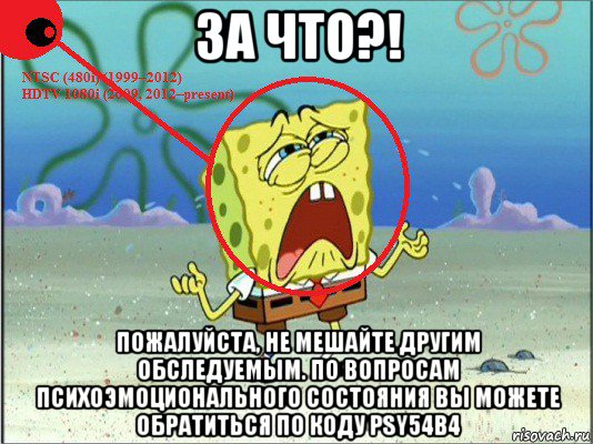 за что?! пожалуйста, не мешайте другим обследуемым. по вопросам психоэмоционального состояния вы можете обратиться по коду psy54b4