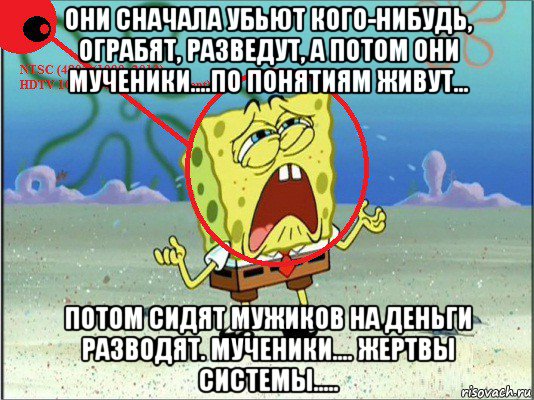 они сначала убьют кого-нибудь, ограбят, разведут, а потом они мученики....по понятиям живут... потом сидят мужиков на деньги разводят. мученики.... жертвы системы.....