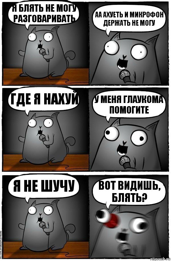 я блять не могу разговаривать аа ахуеть и микрофон держать не могу где я нахуй у меня глаукома помогите я не шучу вот видишь, блять?, Комикс  Стендап-кот