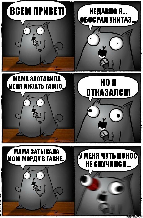 Всем Привет! Недавно я... обосрал унитаз... Мама заставила меня лизать гавно... но я отказался! Мама затыкала мою морду в гавне... У меня чуть понос не случился..., Комикс  Стендап-кот