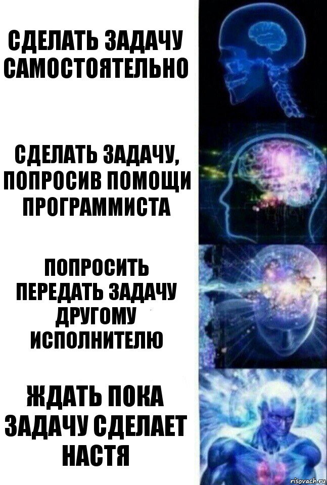 Сделать задачу самостоятельно Сделать задачу, попросив помощи программиста Попросить передать задачу другому исполнителю Ждать пока задачу сделает Настя, Комикс  Сверхразум