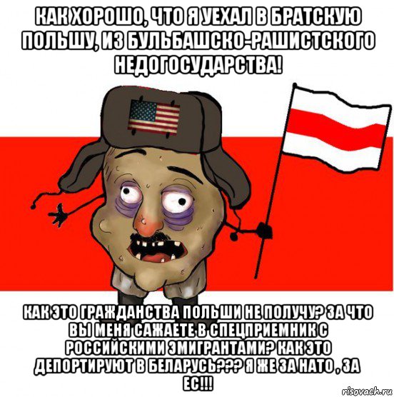 как хорошо, что я уехал в братскую польшу, из бульбашско-рашистского недогосударства! как это гражданства польши не получу? за что вы меня сажаете в спецприемник с российскими эмигрантами? как это депортируют в беларусь??? я же за нато , за ес!!!