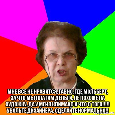  мне все не нравится, гавно, где мольберт, за что мы платим деньги, не похоже на художку, да у меня климакс и что с того!!!!! увольте дизайнера, сделайте нормально!!, Мем Типичная училка