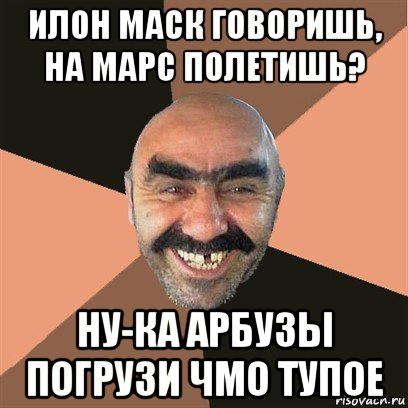 илон маск говоришь, на марс полетишь? ну-ка арбузы погрузи чмо тупое, Мем Я твой дом труба шатал