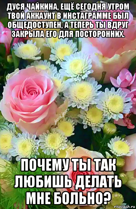 дуся чайкина, ещё сегодня утром твой аккаунт в инстаграмме был общедоступен, а теперь ты вдруг закрыла его для посторонних. почему ты так любишь делать мне больно?, Мем Цветы для Дуси Чайкиной