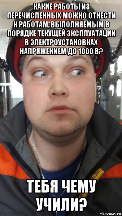 какие работы из перечисленных можно отнести к работам, выполняемым в порядке текущей эксплуатации в электроустановках напряжением до 1000 в? тебя чему учили?, Мем Ебнутый электрик