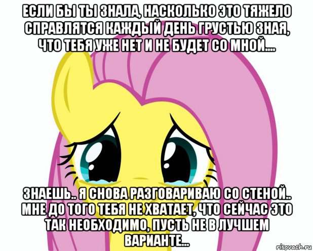 если бы ты знала, насколько это тяжело справлятся каждый день грустью зная, что тебя уже нет и не будет со мной.... знаешь.. я снова разговариваю со стеной.. мне до того тебя не хватает, что сейчас это так необходимо, пусть не в лучшем варианте...