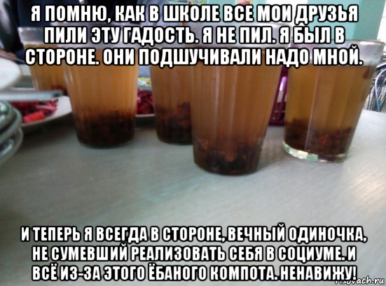 я помню, как в школе все мои друзья пили эту гадость. я не пил. я был в стороне. они подшучивали надо мной. и теперь я всегда в стороне, вечный одиночка, не сумевший реализовать себя в социуме. и всё из-за этого ёбаного компота. ненавижу!