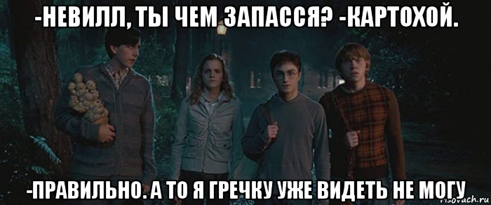 -невилл, ты чем запасся? -картохой. -правильно. а то я гречку уже видеть не могу, Мем Невилл