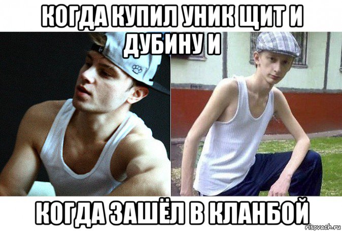 когда купил уник щит и дубину и когда зашёл в кланбой, Мем Ожидание реальность