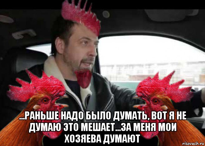  ...раньше надо было думать, вот я не думаю это мешает...за меня мои хозяева думают, Мем Петух