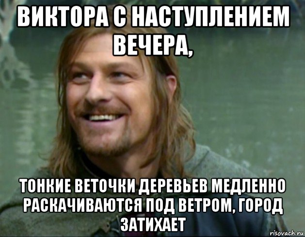 виктора с наступлением вечера, тонкие веточки деревьев медленно раскачиваются под ветром, город затихает, Мем Тролль Боромир