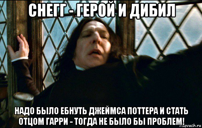 снегг - герой и дибил надо было ебнуть джеймса поттера и стать отцом гарри - тогда не было бы проблем!