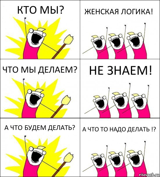 КТО МЫ? ЖЕНСКАЯ ЛОГИКА! ЧТО МЫ ДЕЛАЕМ? НЕ ЗНАЕМ! А ЧТО БУДЕМ ДЕЛАТЬ? А ЧТО ТО НАДО ДЕЛАТЬ !?