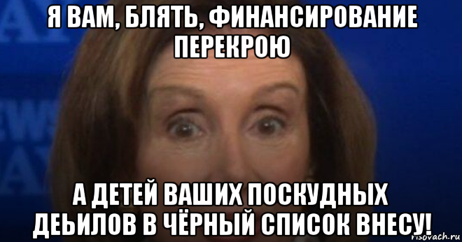 я вам, блять, финансирование перекрою а детей ваших поскудных деьилов в чёрный список внесу!, Мем Pelosi