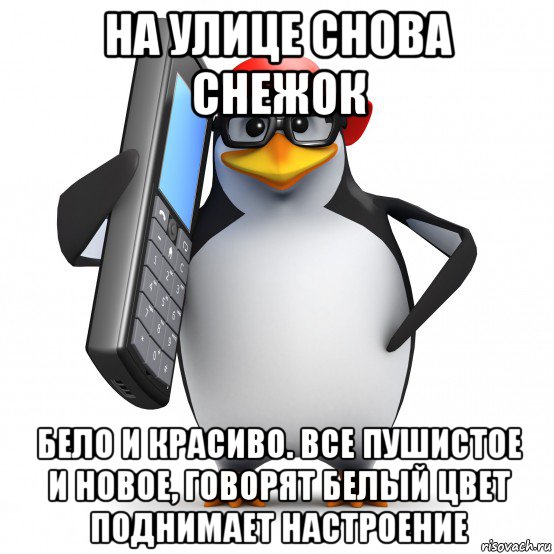 на улице снова снежок бело и красиво. все пушистое и новое, говорят белый цвет поднимает настроение, Мем   Пингвин звонит