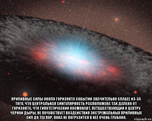  приливные силы около горизонта событий значительно слабее из-за того, что центральная сингулярность расположена так далеко от горизонта, что гипотетический космонавт, путешествующий к центру чёрной дыры, не почувствует воздействия экстремальных приливных сил до тех пор, пока не погрузится в неё очень глубоко., Мем Supermassive black hole