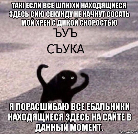 так! если все шлюхи находящиеся здесь сию секунду не начнут сосать мой хрен с дикой скоростью я порасшибаю все ебальники находящиеся здесь на сайте в данный момент., Мем Ъуъ