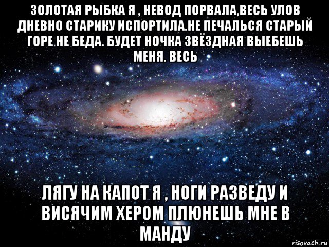 золотая рыбка я , невод порвала,весь улов дневно старику испортила.не печалься старый горе не беда. будет ночка звёздная выебешь меня. весь лягу на капот я , ноги разведу и висячим хером плюнешь мне в манду, Мем Вселенная