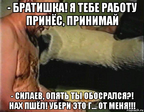 - братишка! я тебе работу принёс, принимай - силаев, опять ты обосрался?! нах пшёл! убери это г... от меня!!!, Мем братишка я тебе покушать принес