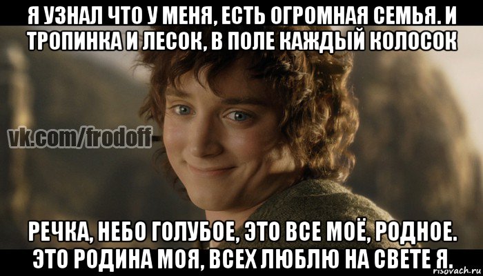 я узнал что у меня, есть огромная семья. и тропинка и лесок, в поле каждый колосок речка, небо голубое, это все моё, родное. это родина моя, всех люблю на свете я., Мем  Фродо