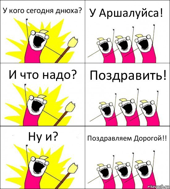 У кого сегодня днюха? У Аршалуйса! И что надо? Поздравить! Ну и? Поздравляем Дорогой!!