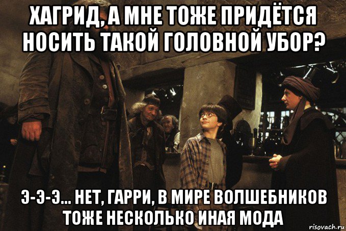 хагрид, а мне тоже придётся носить такой головной убор? э-э-э... нет, гарри, в мире волшебников тоже несколько иная мода, Мем Квиррел