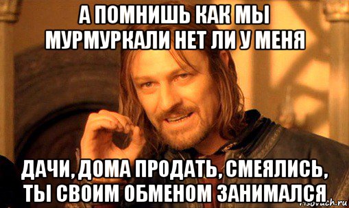 а помнишь как мы мурмуркали нет ли у меня дачи, дома продать, смеялись, ты своим обменом занимался, Мем Нельзя просто так взять и (Боромир мем)