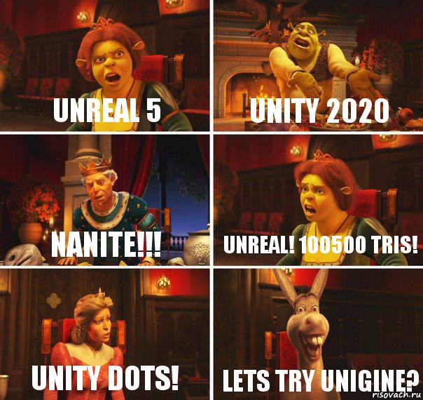 Unreal 5 Unity 2020 NANITE!!! UNREAL! 100500 tris! UNITY DOTS! Lets try UNIGINE?, Комикс  Шрек Фиона Гарольд Осел