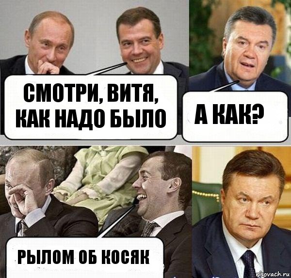 смотри, витя, как надо было а как? рылом об косяк, Комикс  Разговор Януковича с Путиным и Медведевым