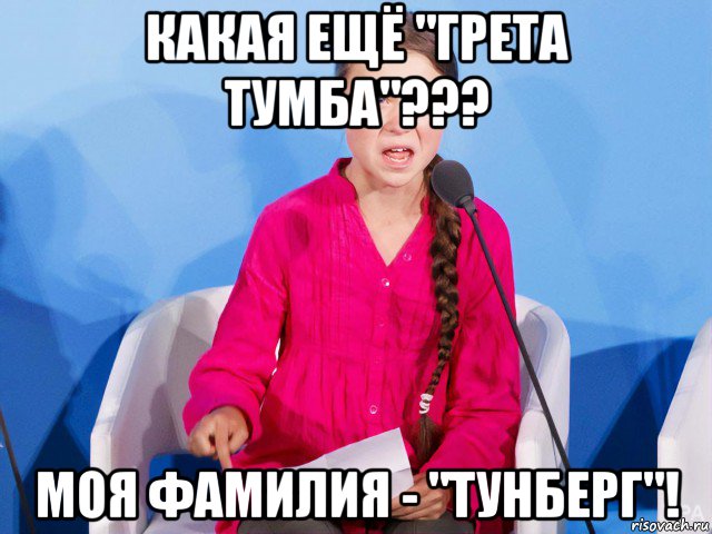 какая ещё "грета тумба"??? моя фамилия - "тунберг"!, Мем А