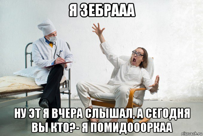 я зебрааа ну эт я вчера слышал, а сегодня вы кто?- я помидоооркаа, Мем Больной здоровый
