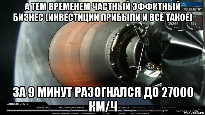 а тем временем частный эффктный бизнес (инвестиции прибыли и всё такое) за 9 минут разогнался до 27000 км/ч, Мем Falcon 9 B5 Merlin 1D Vac