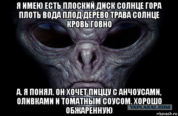 я имею есть плоский диск солнце гора плоть вода плод дерево трава солнце кровь говно а. я понял. он хочет пиццу с анчоусами, оливками и томатным соусом. хорошо обжаренную, Мем Инопланетянин