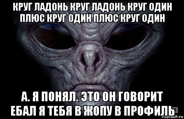 круг ладонь круг ладонь круг один плюс круг один плюс круг один а. я понял. это он говорит ебал я тебя в жопу в профиль, Мем Инопланетянин